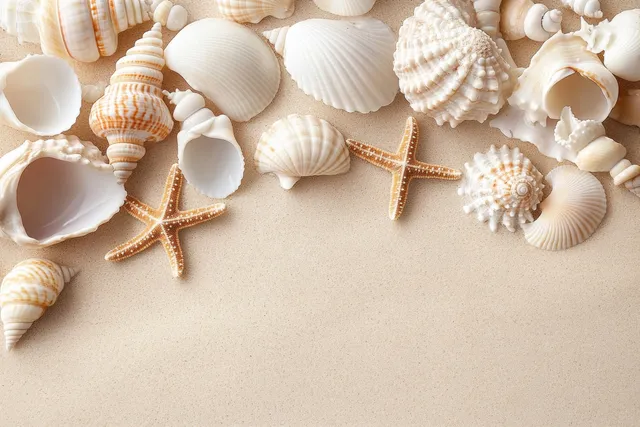 Seashells and starfish scattered across smooth sand on a sunlit beach.