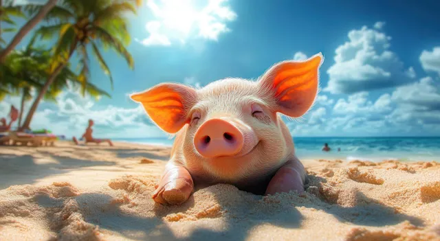 Pig relaxing in sunglasses on a sunny beach under swaying palm trees