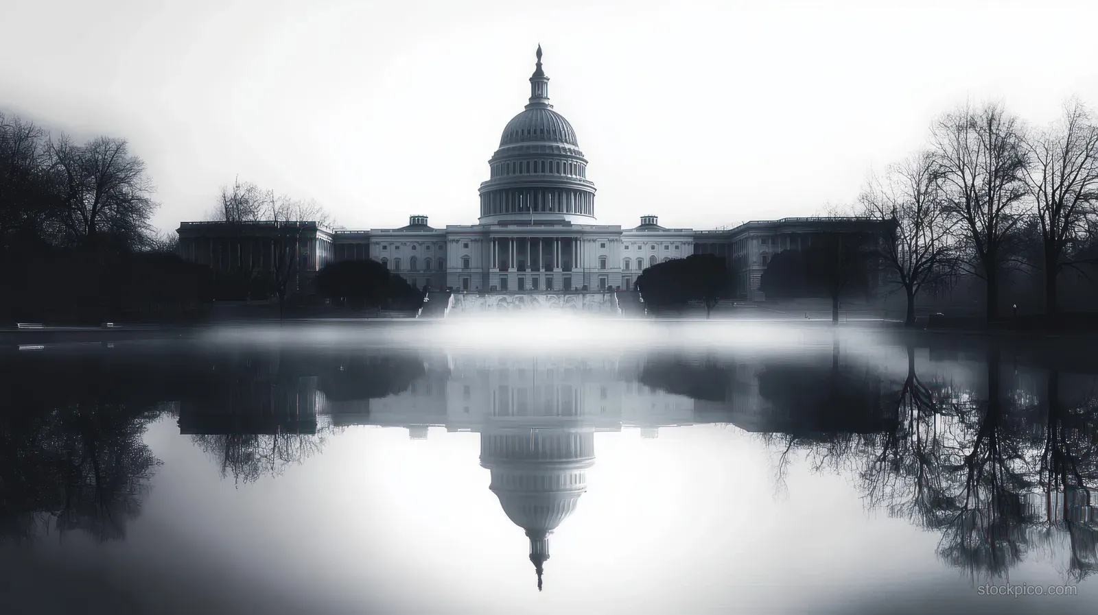 Minimalist Capitol building illustration reflected symmetrically in calm water under a muted sky.