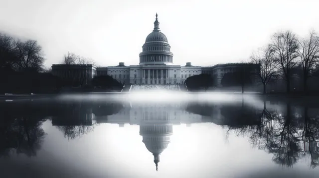 Minimalist Capitol building illustration reflected symmetrically in calm water under a muted sky.