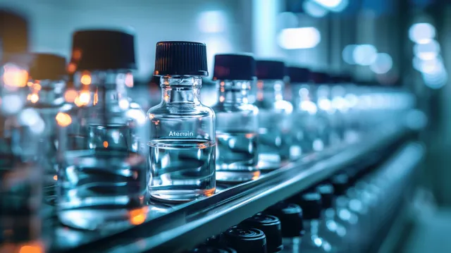 Clear glass vials of e-liquid move along a lab conveyor belt under cool blue lighting.