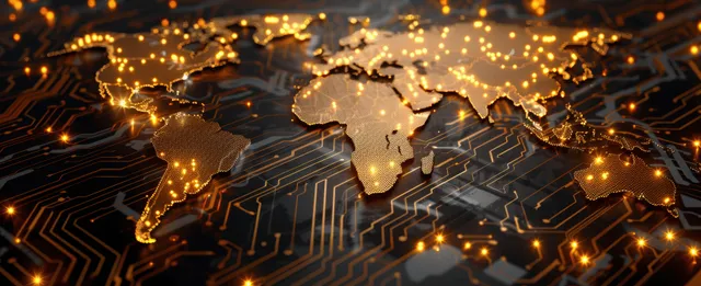 Glowing world map connected by illuminated circuit traces over a dark microchip background.