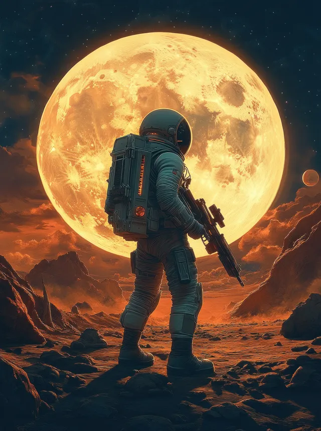 Astronaut stands on rocky alien ground holding a futuristic rifle under a glowing full moon