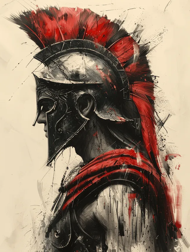 Spartan warrior helmet portrait with red plume and splattered ink strokes