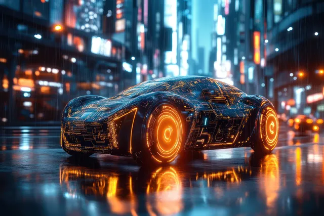 Futuristic sports car with glowing orange circuit patterns and illuminated wheels parked on a wet night city street.