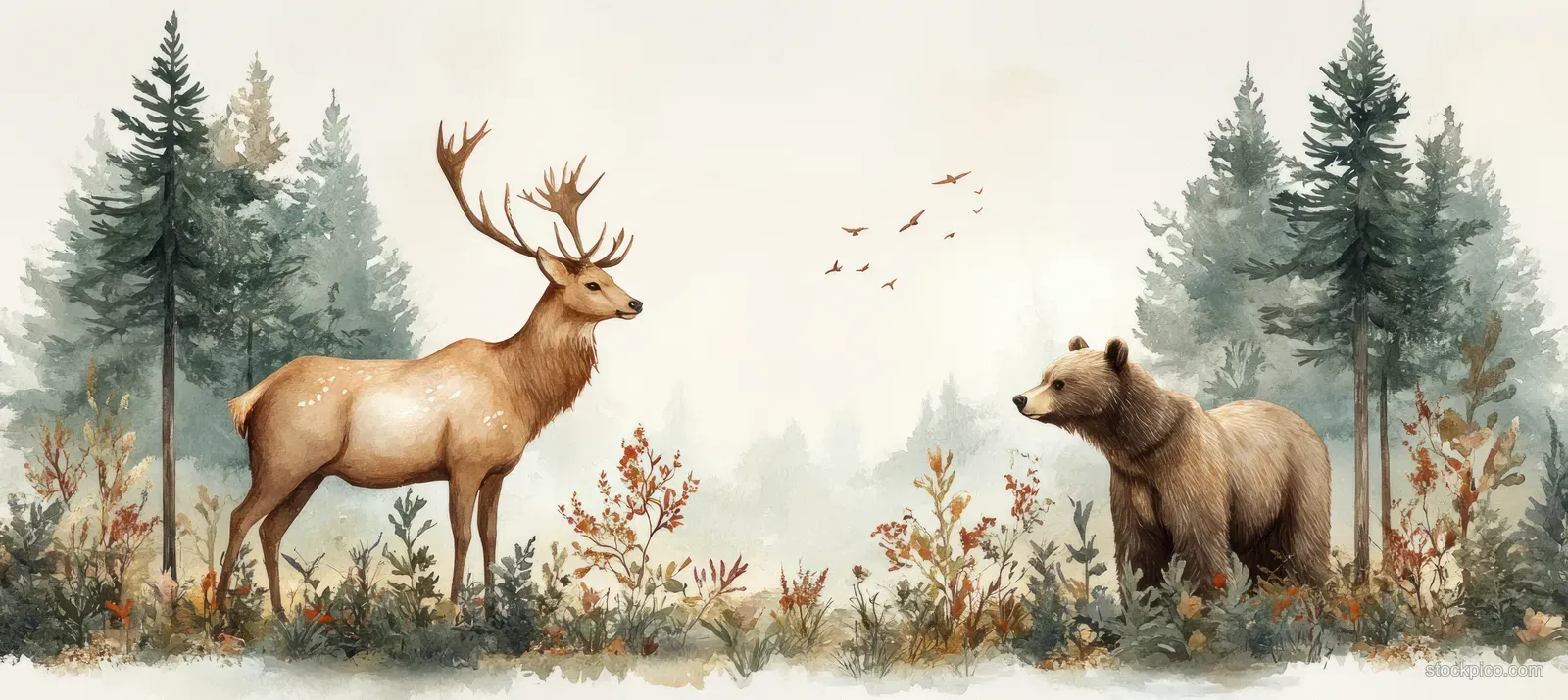 Watercolor forest scene with a deer and bear in front of misty fir trees and flying birds.