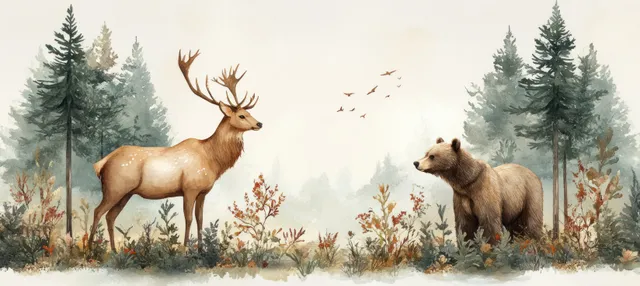 Watercolor woodland scene with a deer, bear, and birds across misty fir trees