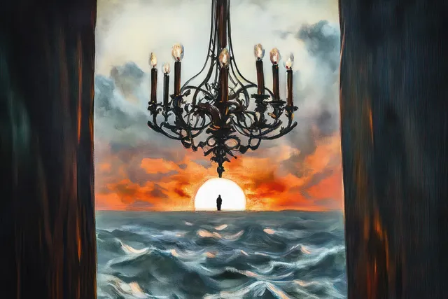 A lone silhouette stands on ocean waves at sunset under a hanging ornate chandelier with dramatic clouds.