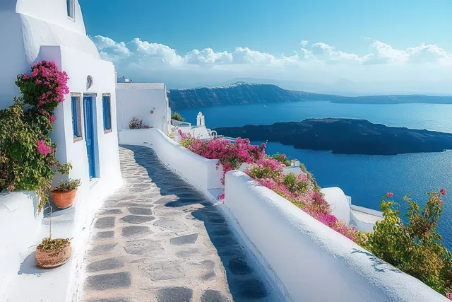 Sunlit White Stone Terrace with Pink Bougainvillea Overlooking a Deep Blue Sea