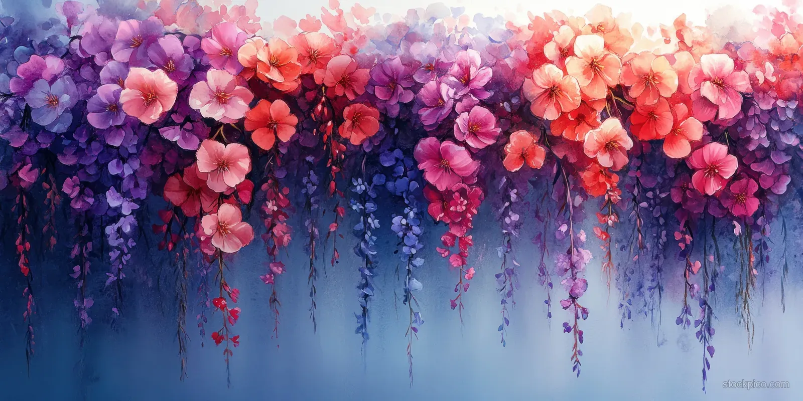 Watercolor garland of pink and purple wildflowers spills down over a blue background.