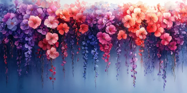 Watercolor garland of pink and purple wildflowers spills down over a blue background.