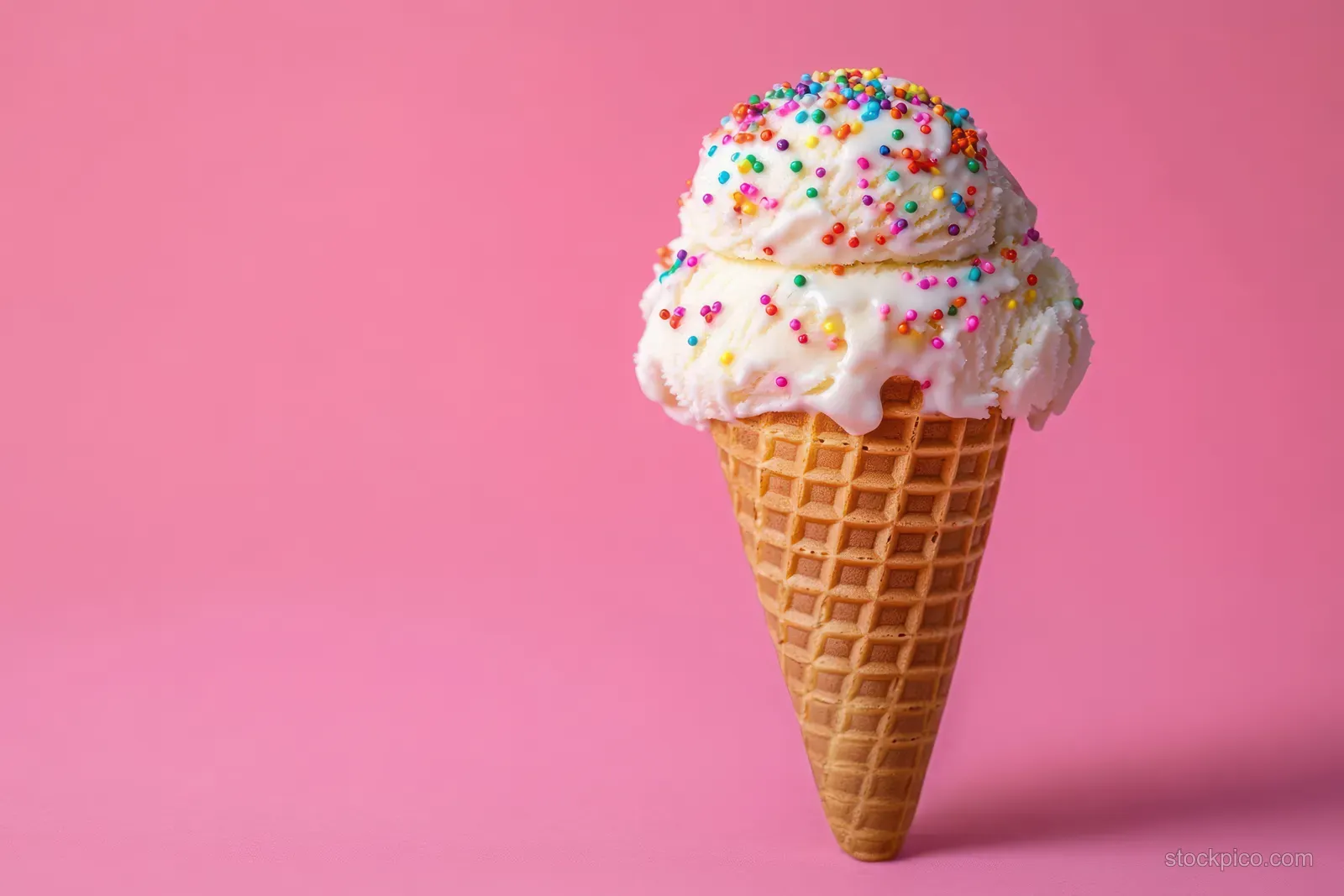 Single scoop of vanilla ice cream with multicolored sprinkles on a waffle cone against a pink background.