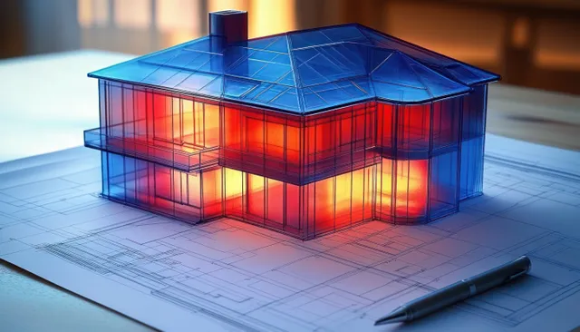 Transparent blue two-story house model glowing orange lights on architectural blueprints with a pen nearby.