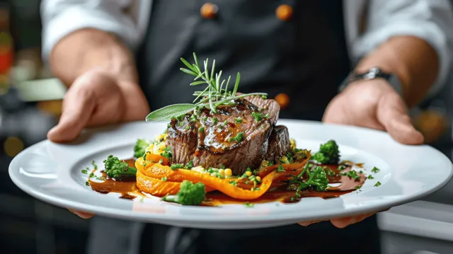 Chef presents a plated grilled seafood entrée at golden hour dining service