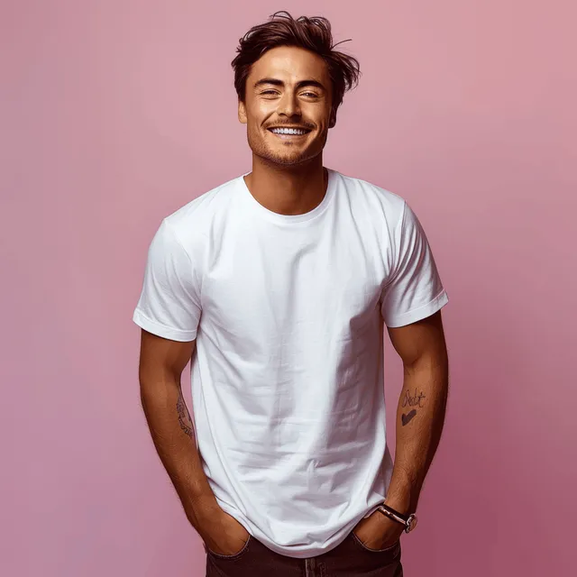 Smiling man in white t-shirt posing with hands in pockets against pink backdrop