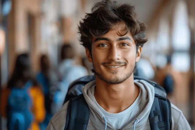Smiling young man with backpack in a university hallway with arched windows and blurred students behind.