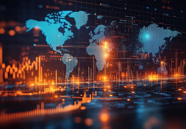 Cyberpunk financial market visualization with glowing data points over a neon world map