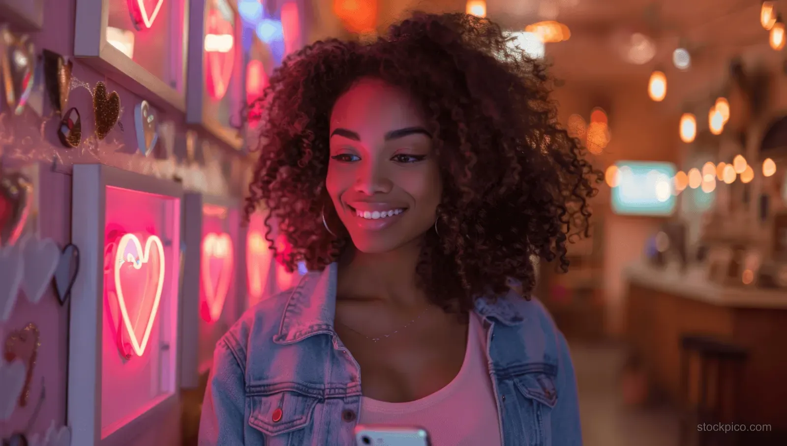 Young woman smiling while looking at her phone in a colorful art gallery with bright decorative lights.