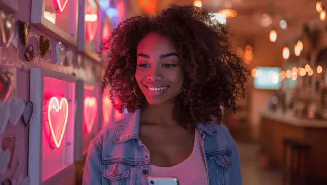 Young woman smiling while looking at her phone in a colorful art gallery with bright decorative lights.