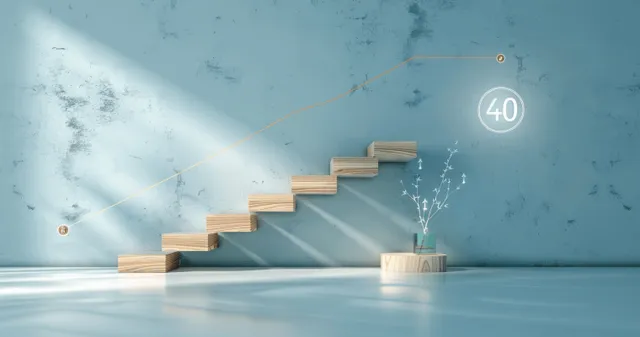 Wooden stairs rise upward with a success arrow motif on a light blue business background
