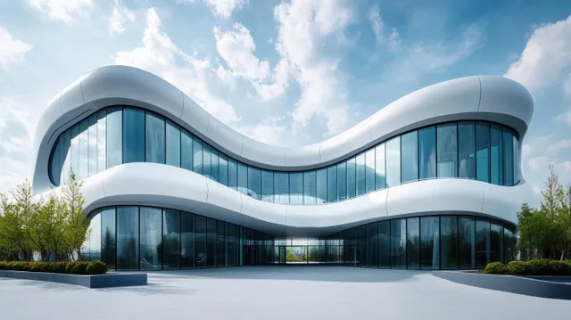 Curved futuristic office building with white facade and large glass windows under a blue cloudy sky.