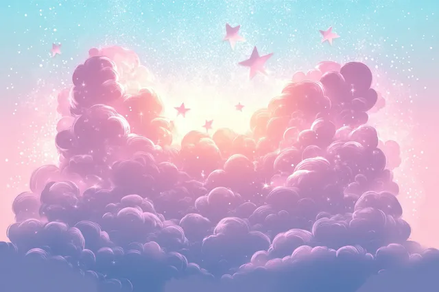Pastel cloud heart cloudscape glowing with tiny stars and dreamy rainbow gradient