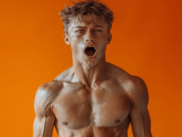 Muscular young man shouting and flexing biceps in white tank on orange backdrop