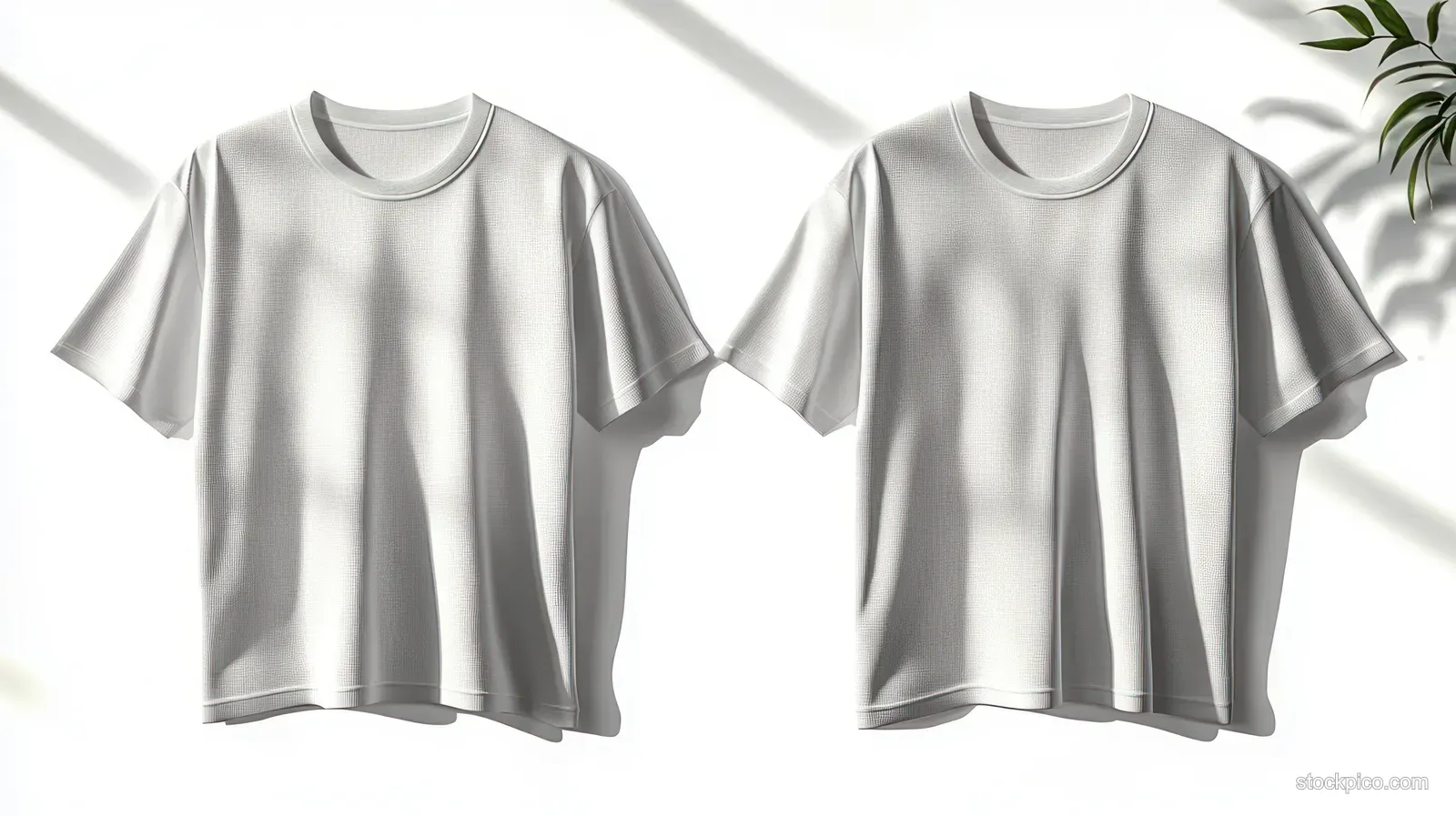 Two plain white t-shirts hang side by side with soft sunlight and plant leaf shadows nearby.