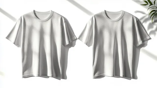 Two plain white t-shirts hang side by side with soft sunlight and plant leaf shadows nearby.