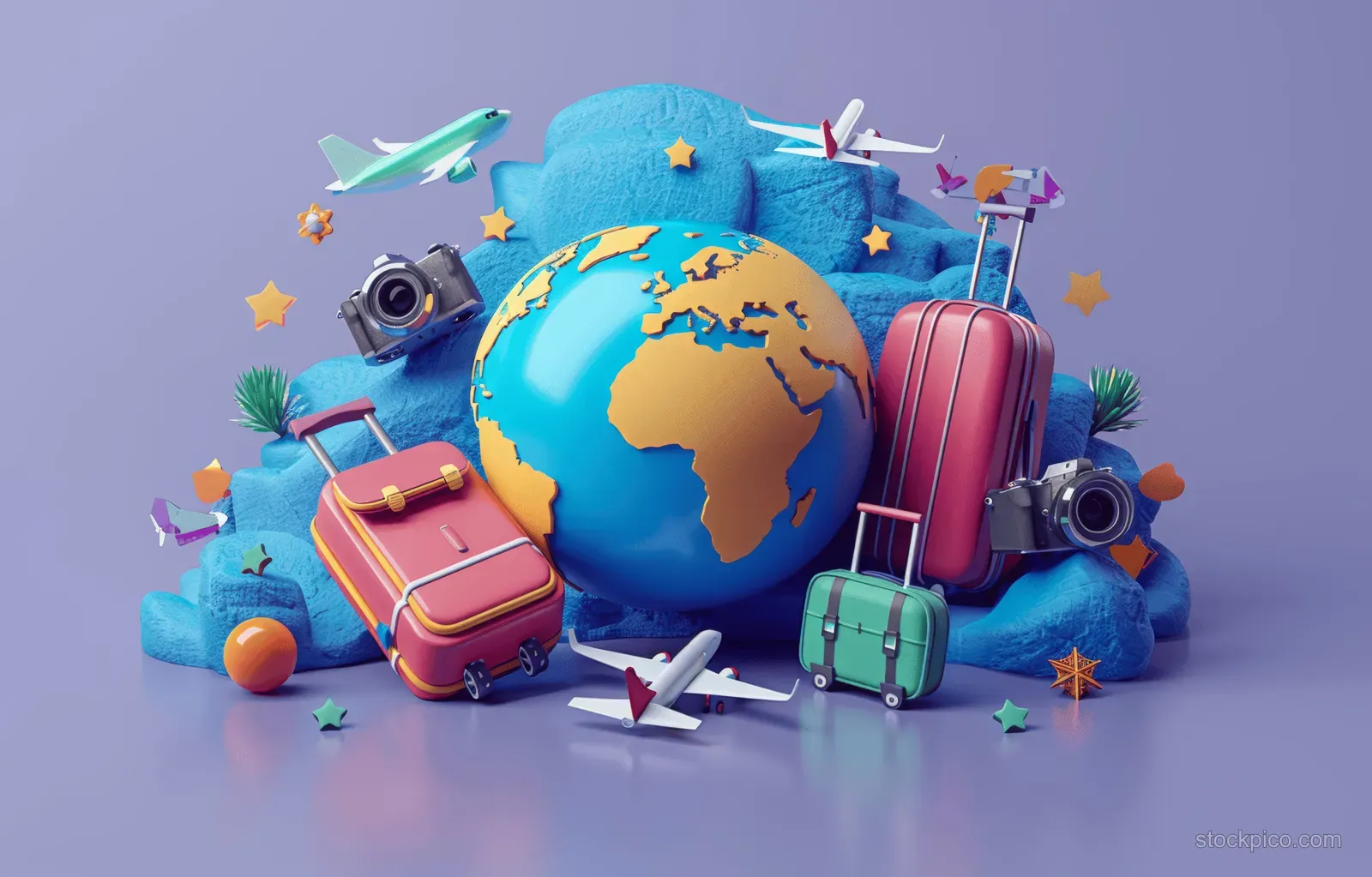 3D globe with suitcases and airplane icons arranged on a purple minimalist travel background.