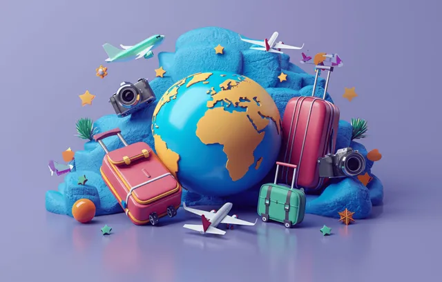 3D globe with suitcases and airplane icons arranged on a purple minimalist travel background.