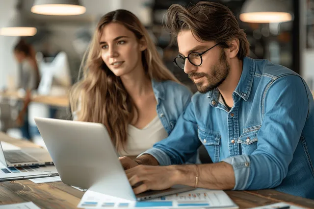 A woman and a man collaborate at laptops in an office, discussing a fashion design project.