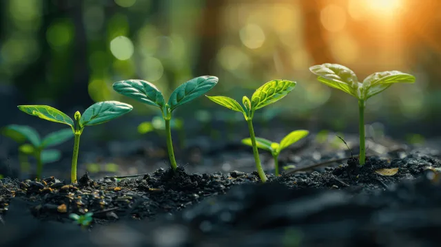 Young green sprouts rising from dark soil in warm sunlight, symbolizing business growth