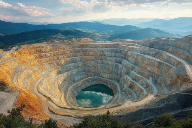Terraced open-pit quarry with concentric benches and a central water-filled crater under partly cloudy mountains.