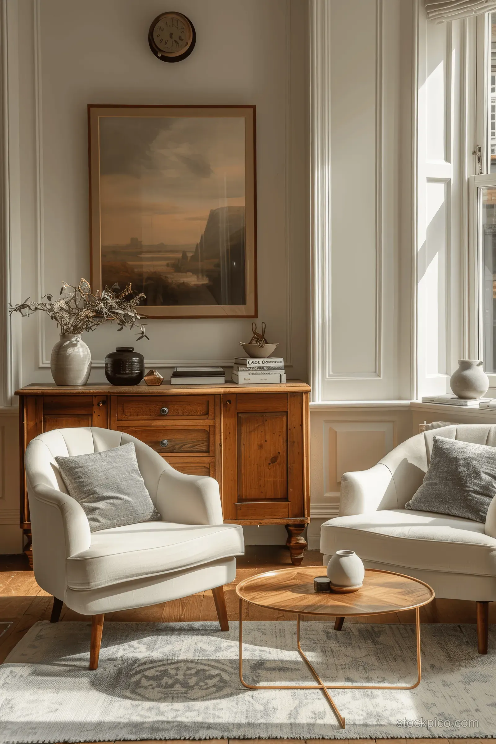 Two white armchairs face a round coffee table in a minimalist living room with a wooden sideboard and framed wall art.