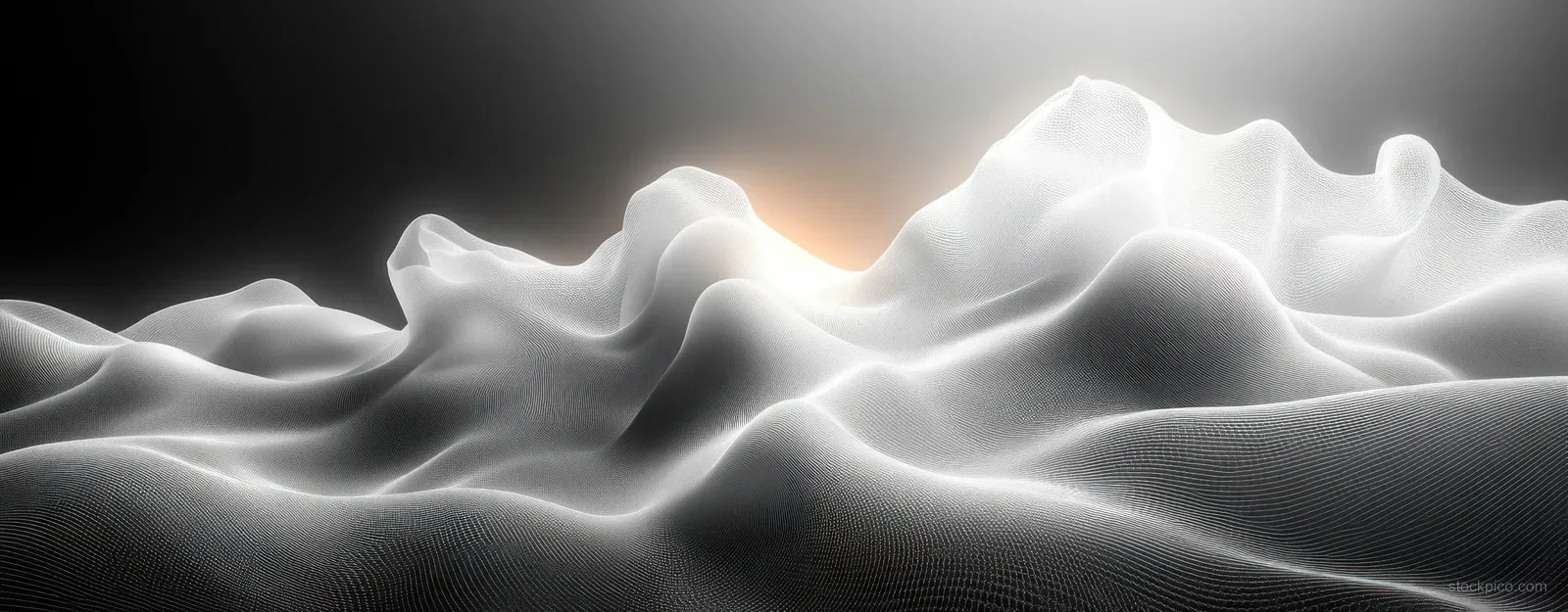Black-and-white abstract gradient waves with smooth curves and a subtle grainy texture fill the background.