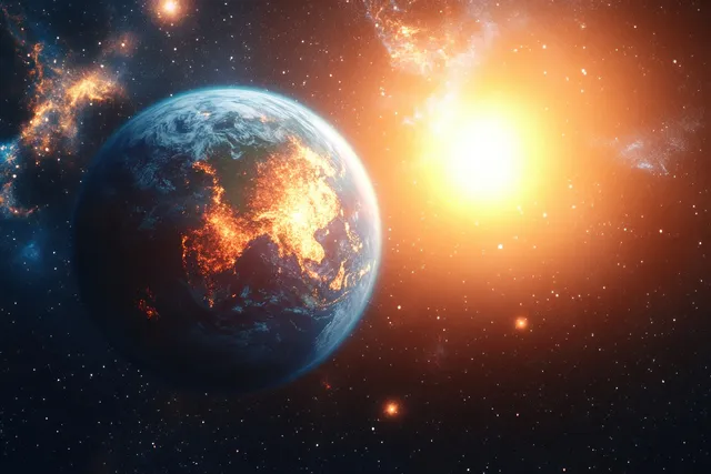 Glowing Earth with illuminated continents orbits near a radiant sun with starry cosmic clouds in deep space.