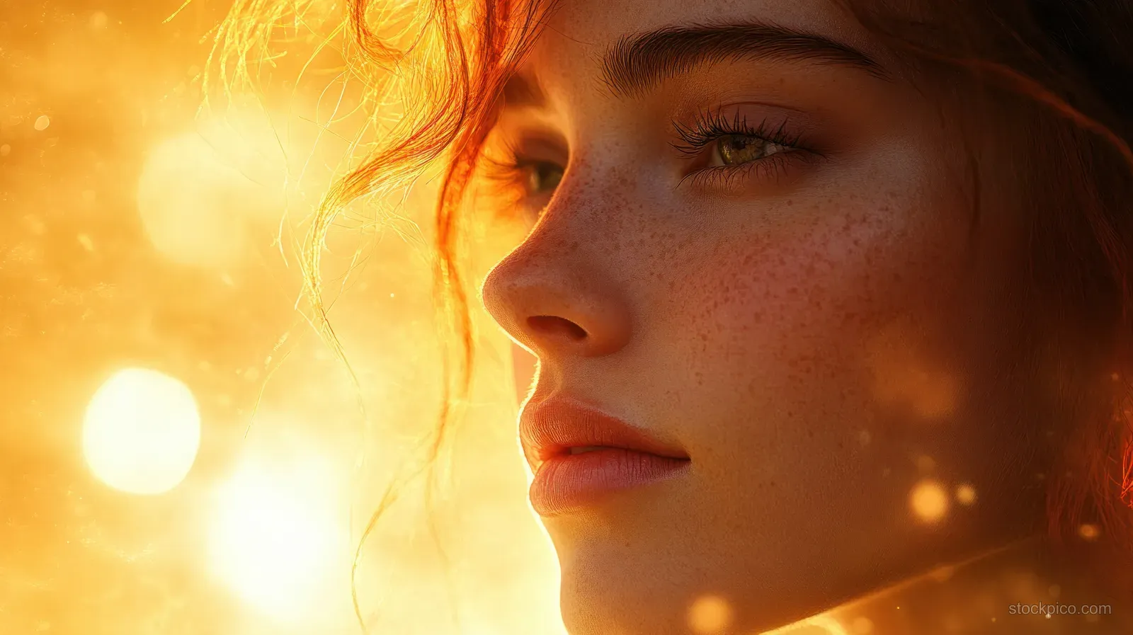 Watercolor portrait of a woman in side profile at sunset with golden light and soft bokeh sparkles.