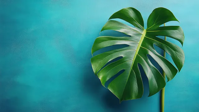 A single monstera leaf with splits is centered on a smooth teal background showing detailed veins.