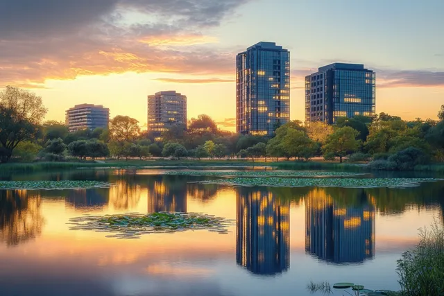 Sunset over Bloomington Minnesota skyline reflected on calm lakeside water with silhouetted trees