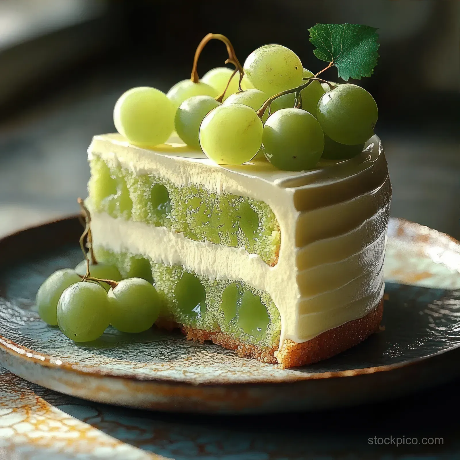 Creamy layered grape cake slice on a rustic plate topped with fresh green grapes and a leaf.