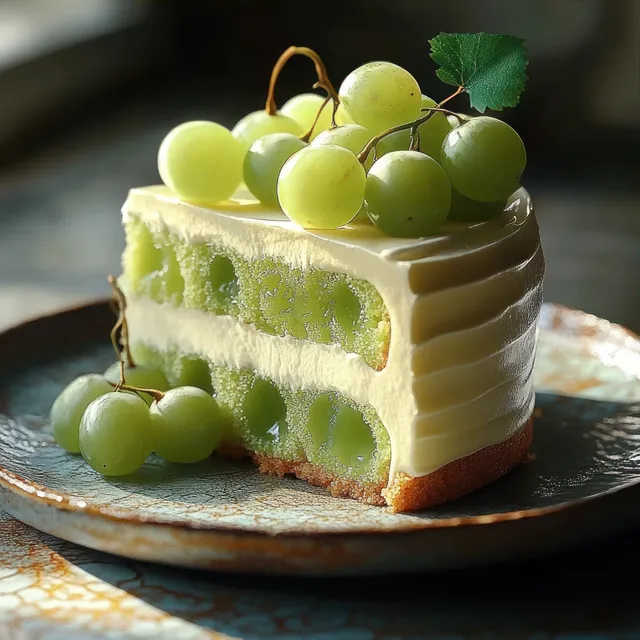 Creamy layered grape cake slice on a rustic plate topped with fresh green grapes and a leaf.