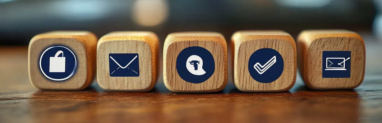 Wooden cubes display minimalist customer support icons including email, phone, chat, and a check mark.