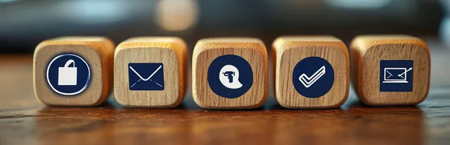 Wooden cubes display minimalist customer support icons including email, phone, chat, and a check mark.