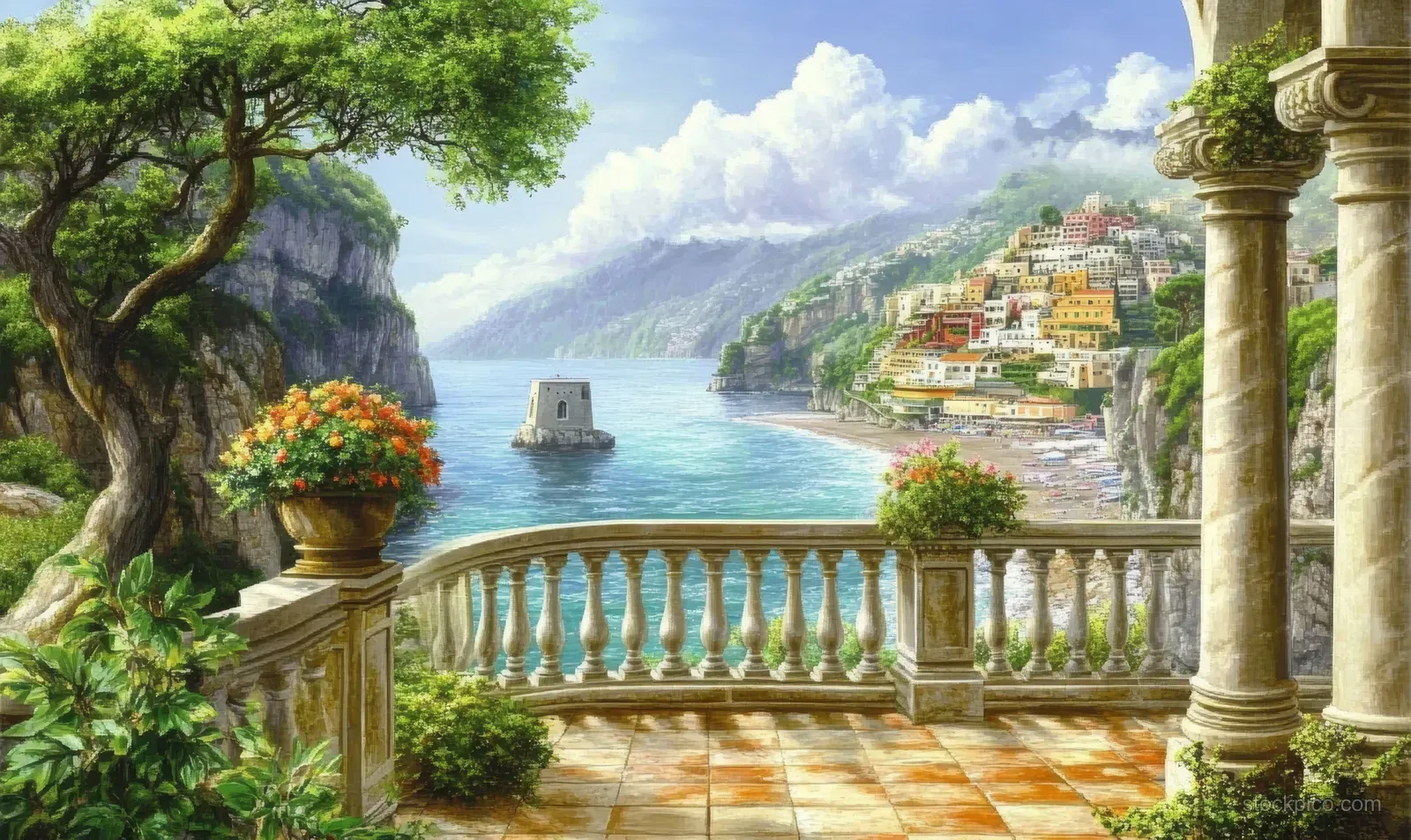 Terracotta balcony with stone columns overlooks Positano hillside buildings and turquoise sea with distant yachts.