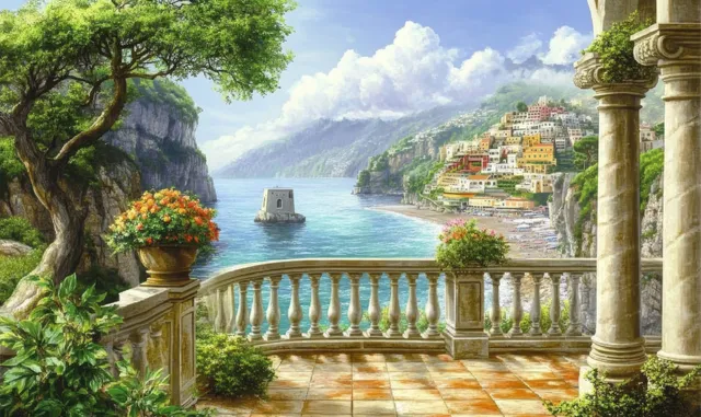 Terracotta balcony with stone columns overlooks Positano hillside buildings and turquoise sea with distant yachts.