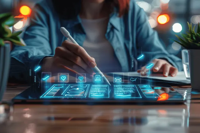 Person using a tablet at a desk with glowing checklist icons on the screen.