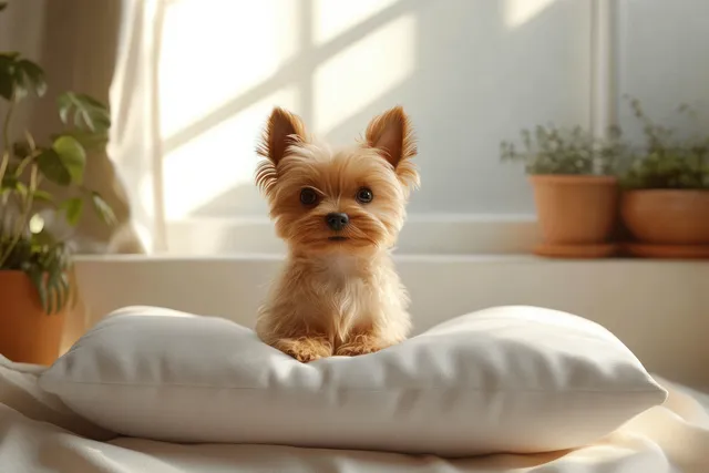 A small fluffy dog sits on a white cushion while sunlit window light and potted plants fill the room.
