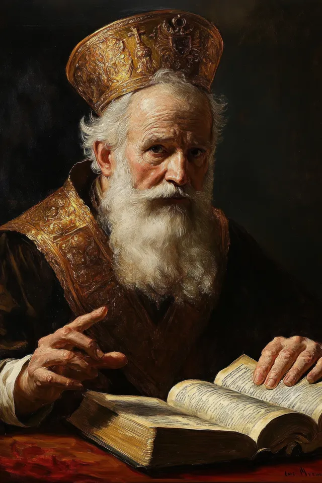 Elderly bearded man in gold religious vestments reads an antique book with focused hand gesture.