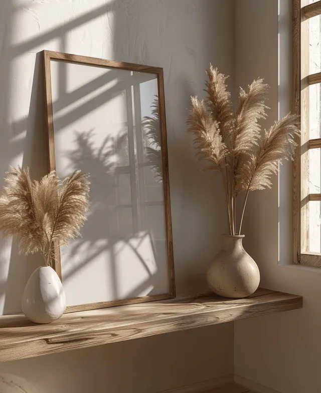 Empty wooden picture frame on boho shelf with pampas grass in warm sunlight